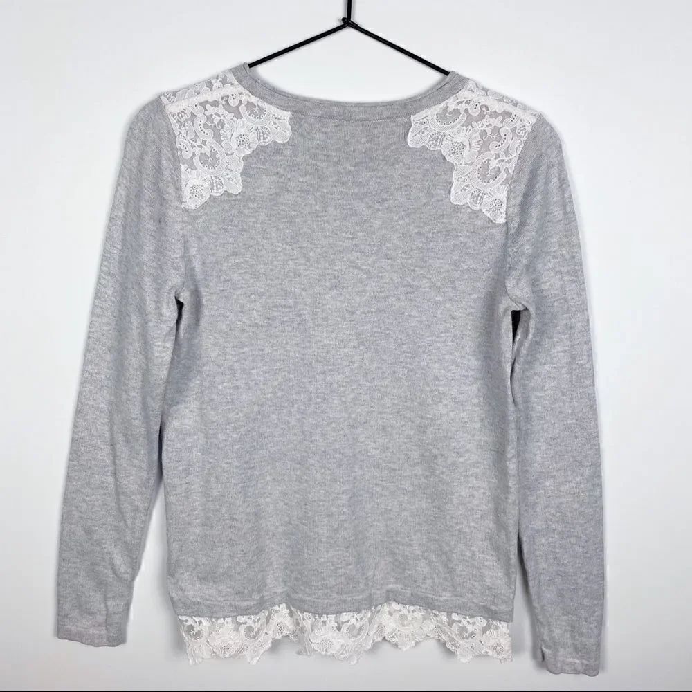 Boden Lace Embellished Sweater Cotton Gray White Long Sleeve Crew Neck 2 - Picture 4 of 13